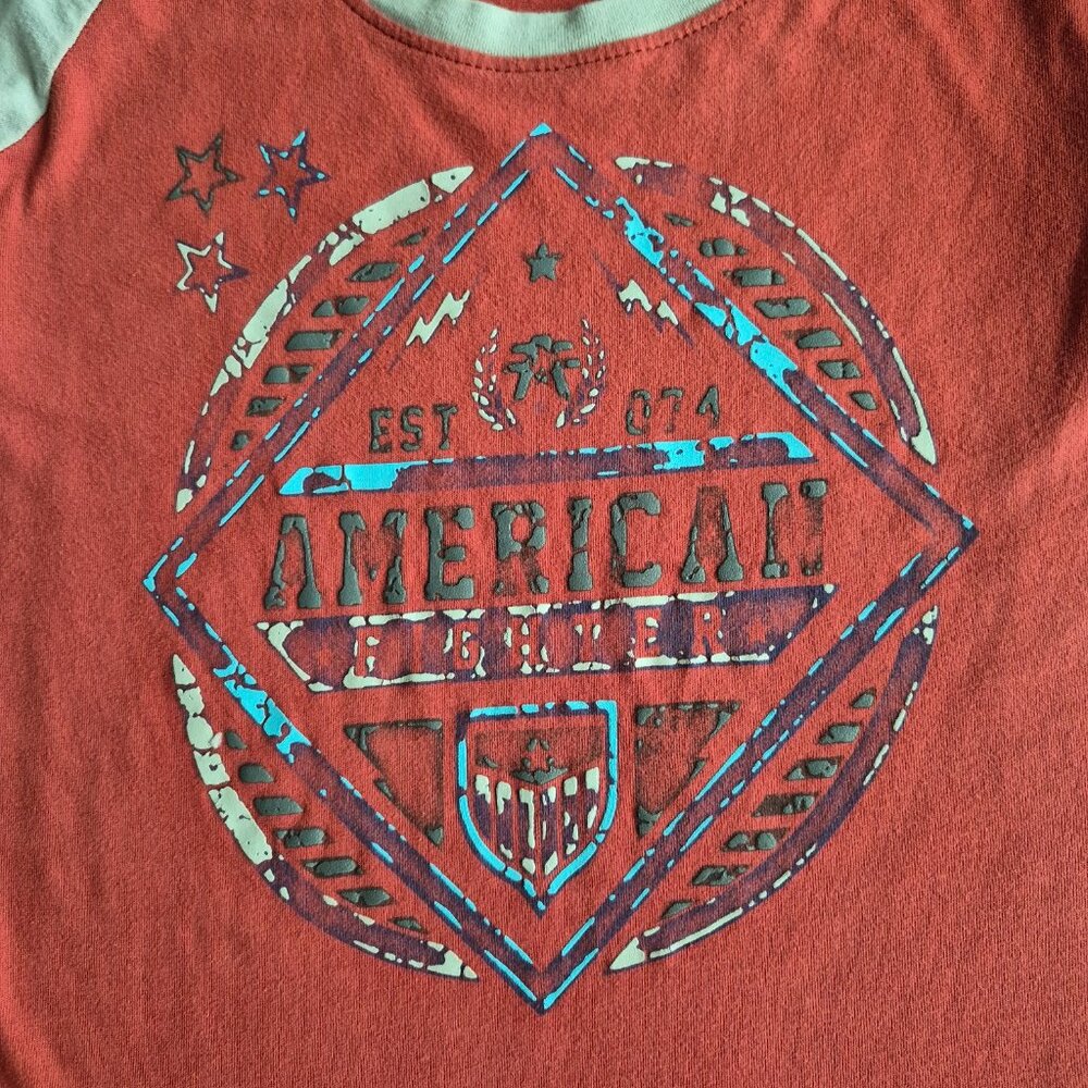 American Fighter Baseball Style Raglan 3/4 Sleeve Tee Orange Grey Graphic S - Picture 6 of 12